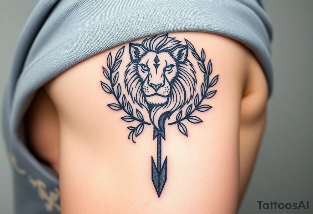 make me a  a Leo zodiac  with an arrow coming out down and two sides surrounded by an olive tree leaf tattoo idea