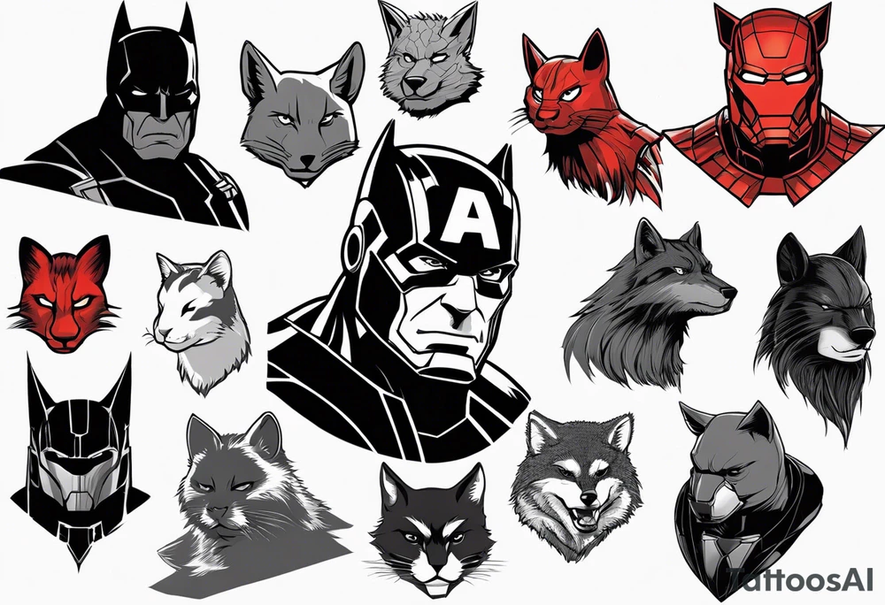 I want to change Avengers Team characters with animals. Hulk will be Badger, Thor will be Alpha Grey Wolf, Captain America will be Bull, Iron Man will be Canary, Black Widow will be Axolotl, Hawk Eye will be Sudan Plated Lizard and Nick Fury will be Cat. tattoo idea