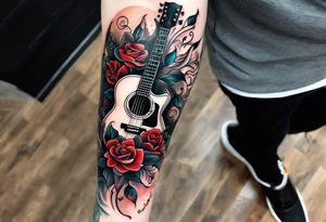 front knee tattoo based on Mike Rubendall with roses, guitar, water, flowers, background wash tattoo idea