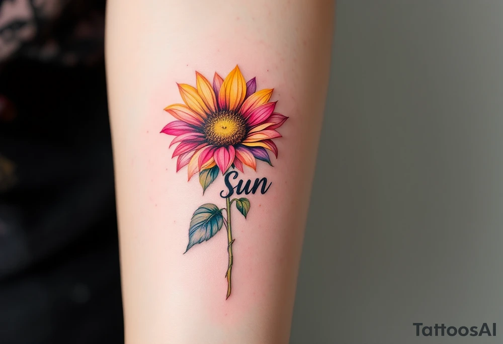 Word "Sun" written vertical with sunflower in pink tattoo idea