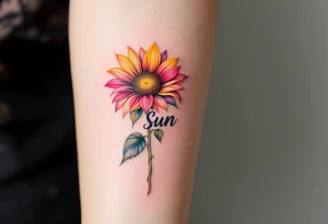 Word "Sun" written vertical with sunflower in pink tattoo idea