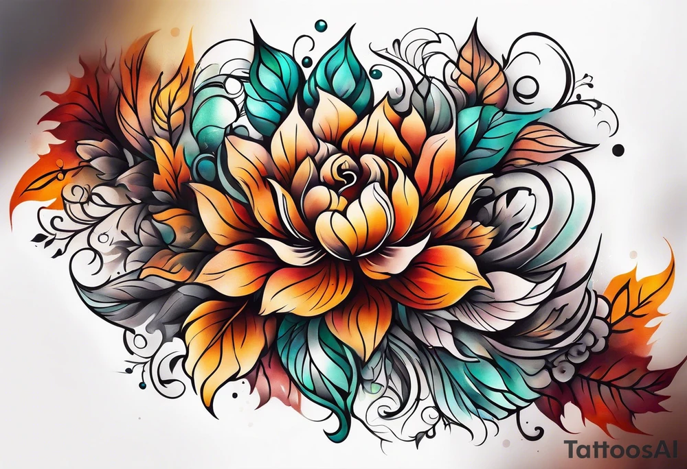 Knee tattoo in fall colors with water flow washes tattoo idea