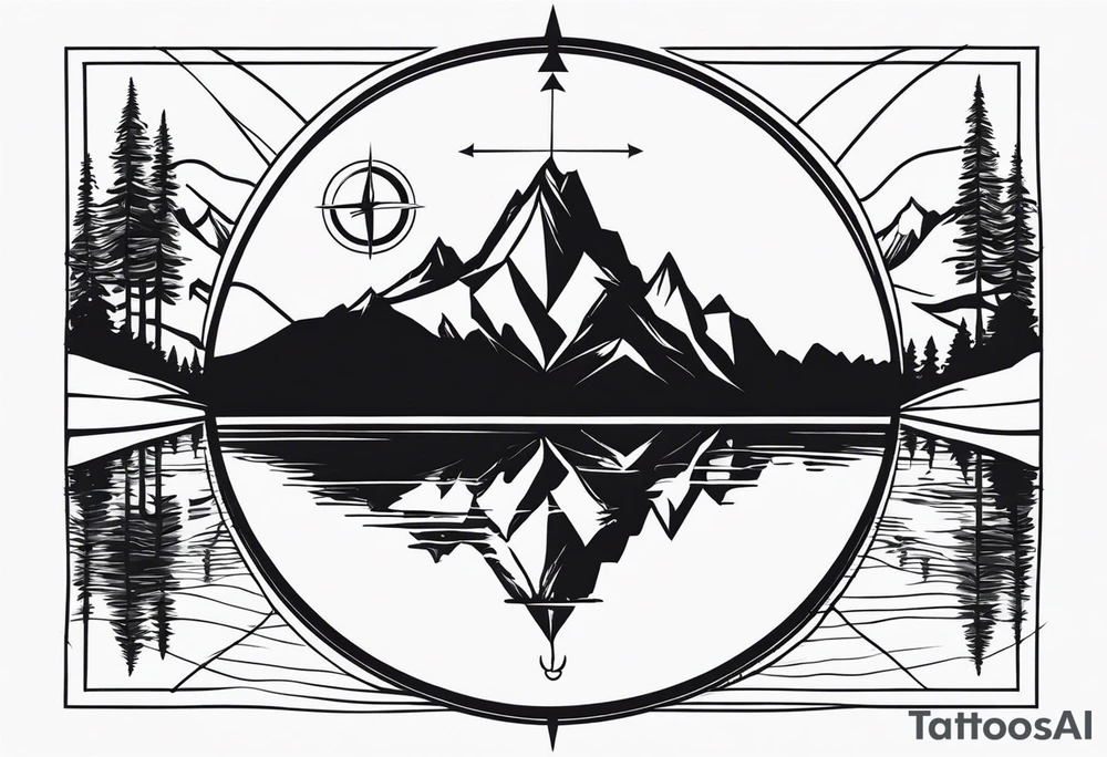 rocky mountains, compass, lake, reflection tattoo idea