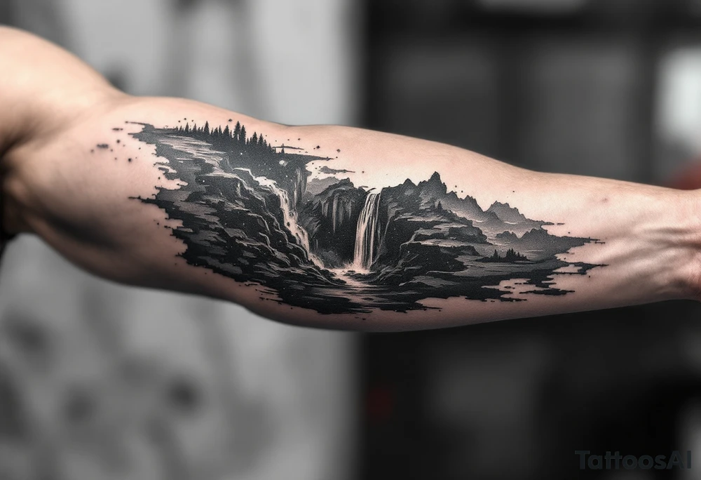 Black universe that forms into a waterfall tattoo idea