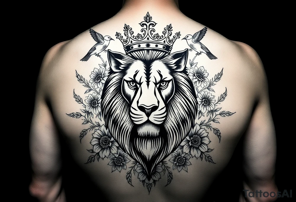 powerful majestic lion with a crown, surrounded by floral ornaments and birds tattoo idea
