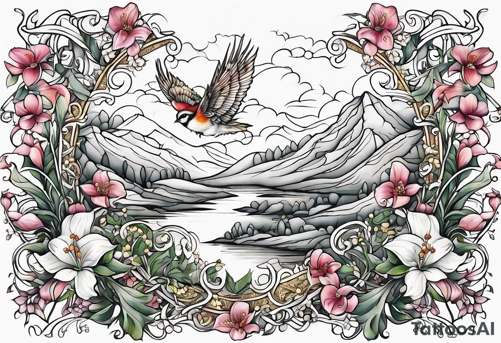 The words, "All the Things. Everywhere." Surrounded by vines and Lilly of the Valley and Larkspur flowers tattoo idea