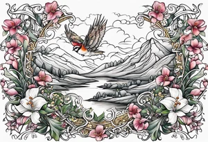 The words, "All the Things. Everywhere." Surrounded by vines and Lilly of the Valley and Larkspur flowers tattoo idea
