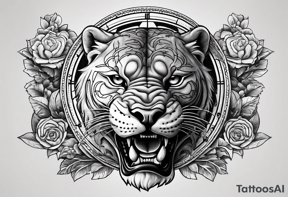 Brain in sagittal section and angry cougar inside hourglass tattoo idea