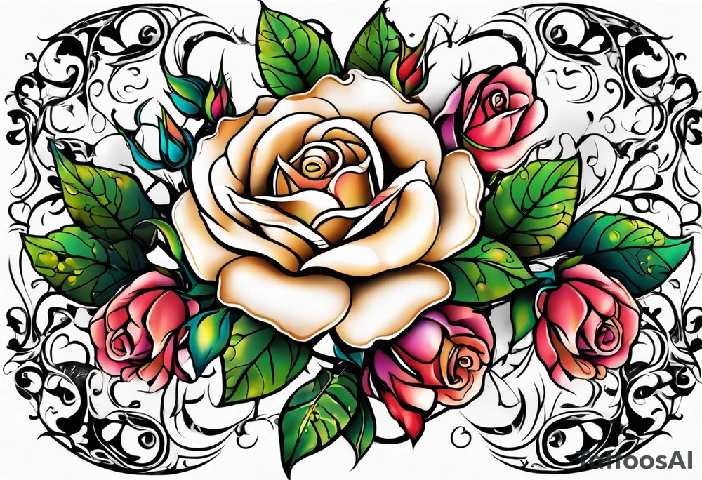 long vine flower sleeve with roses and rodadendra tattoo idea