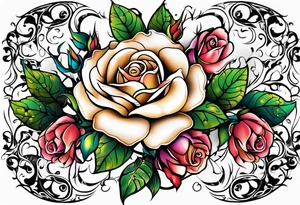 long vine flower sleeve with roses and rodadendra tattoo idea