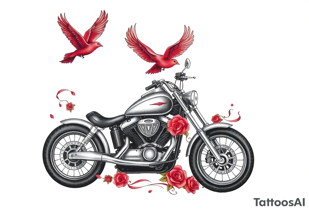 Harley grey motorcycle driving away, two red birds flying, roses, flames, angel wings tattoo idea
