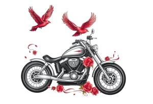 Harley grey motorcycle driving away, two red birds flying, roses, flames, angel wings tattoo idea