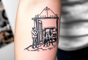 Gate with a man leaning on it feeding horses with a squatted truck in the back tattoo idea