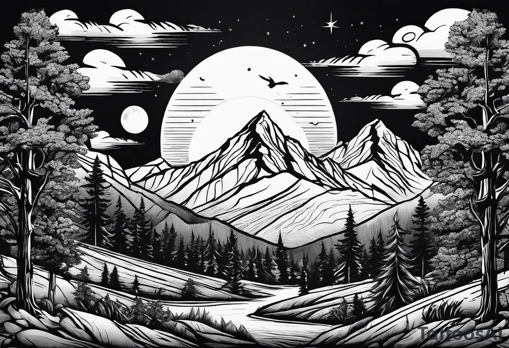 mountains and large trees and large sun tattoo idea