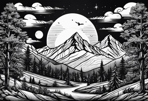 mountains and large trees and large sun tattoo idea