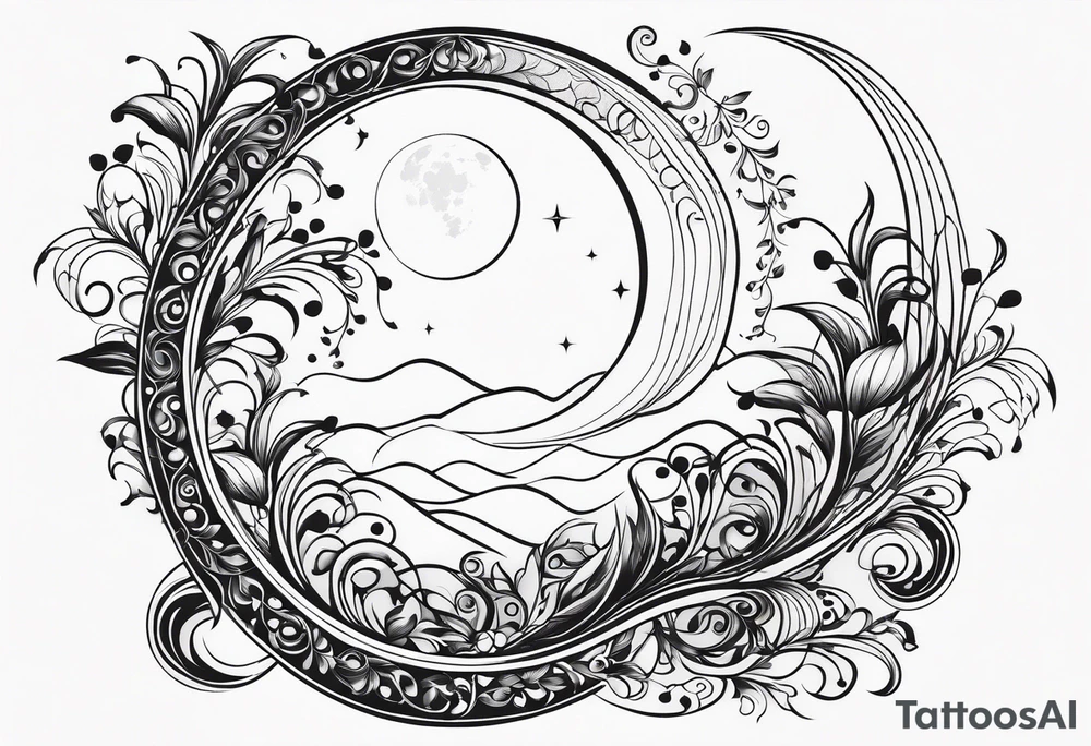 vertical and tall flower vine with shapes and the moon. Minimalist design tattoo idea