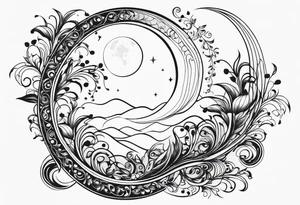 vertical and tall flower vine with shapes and the moon. Minimalist design tattoo idea