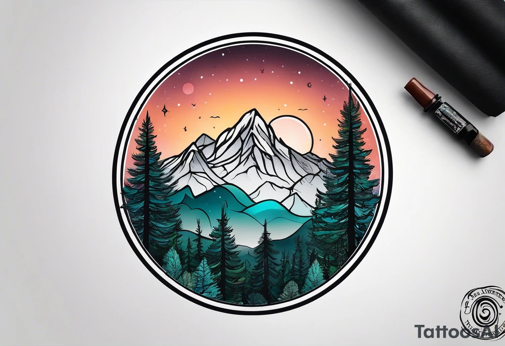 small circle shape trees mountain tattoo idea