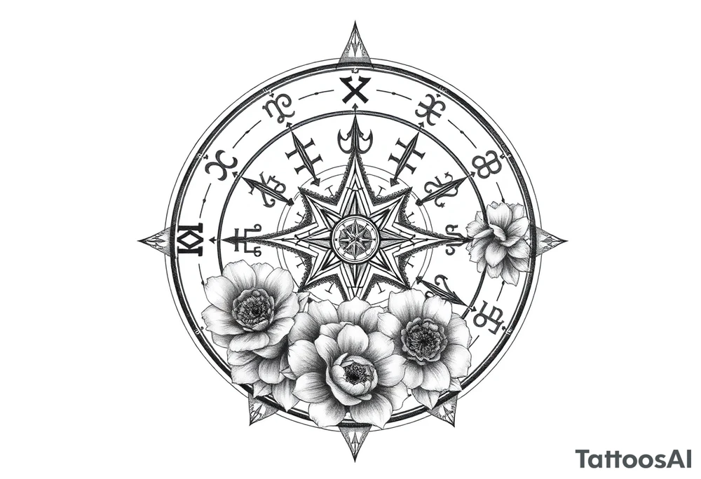 zodiac symbols the elements and Norse runes within ornate compass with roses lilly sunflowers tattoo idea