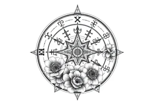 zodiac symbols the elements and Norse runes within ornate compass with roses lilly sunflowers tattoo idea