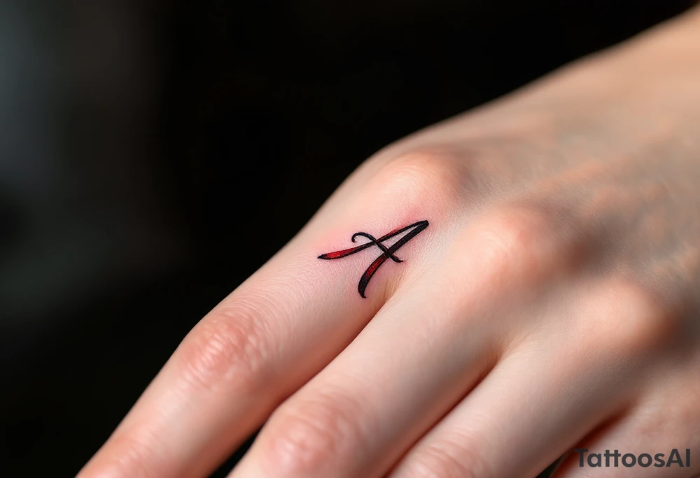 A script "A" formed by a red ribbon wrapping in the shape of the letter on one finger. tattoo idea