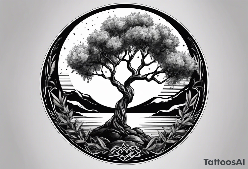 An olive tree growing in a moon tattoo idea
