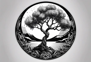 An olive tree growing in a moon tattoo idea