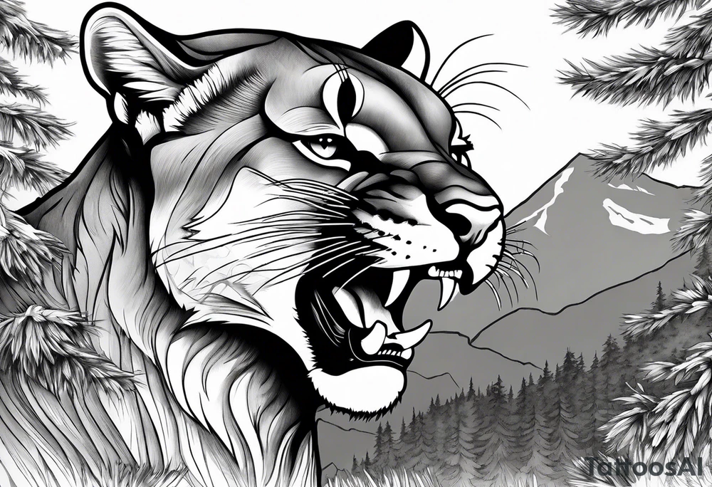 roaring mountain lion, forest background tattoo idea