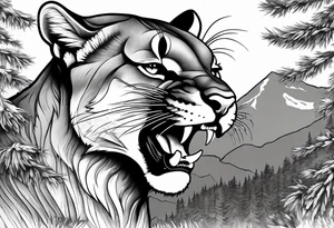 roaring mountain lion, forest background tattoo idea