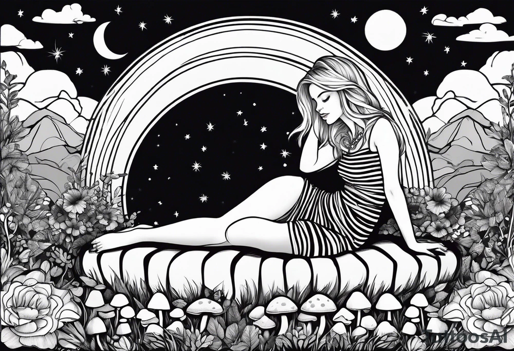 Straight blonde hair girl in black and white striped dress sleeping in a field of mushrooms with mountains s
and crescent moon mandala background tattoo idea