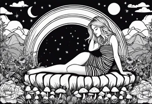 Straight blonde hair girl in black and white striped dress sleeping in a field of mushrooms with mountains s
and crescent moon mandala background tattoo idea