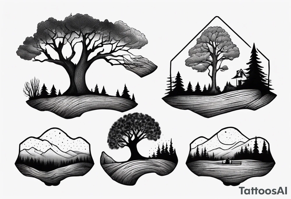 Matching minimalistic Tattoo about a landscape of a tree next to a log bench tattoo idea