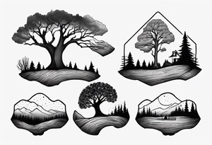 Matching minimalistic Tattoo about a landscape of a tree next to a log bench tattoo idea