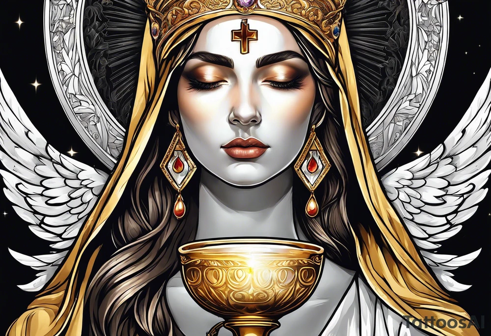 holy saint woman turned away with golden halo holding a chalice tattoo idea