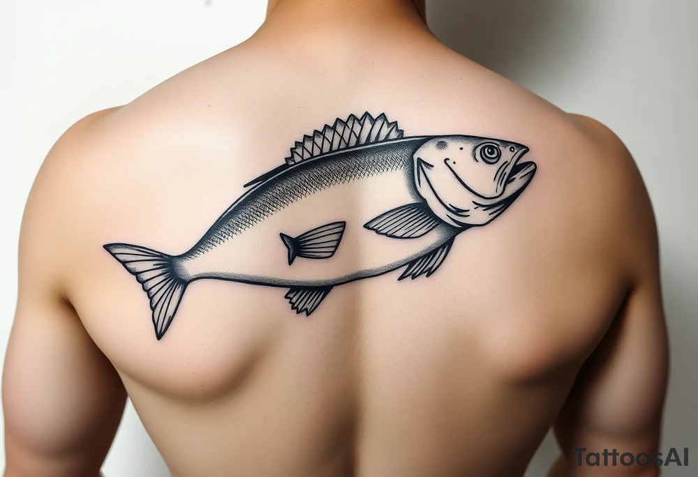 A halibut on a flishing line with a down rigger out kn the ocean tattoo idea