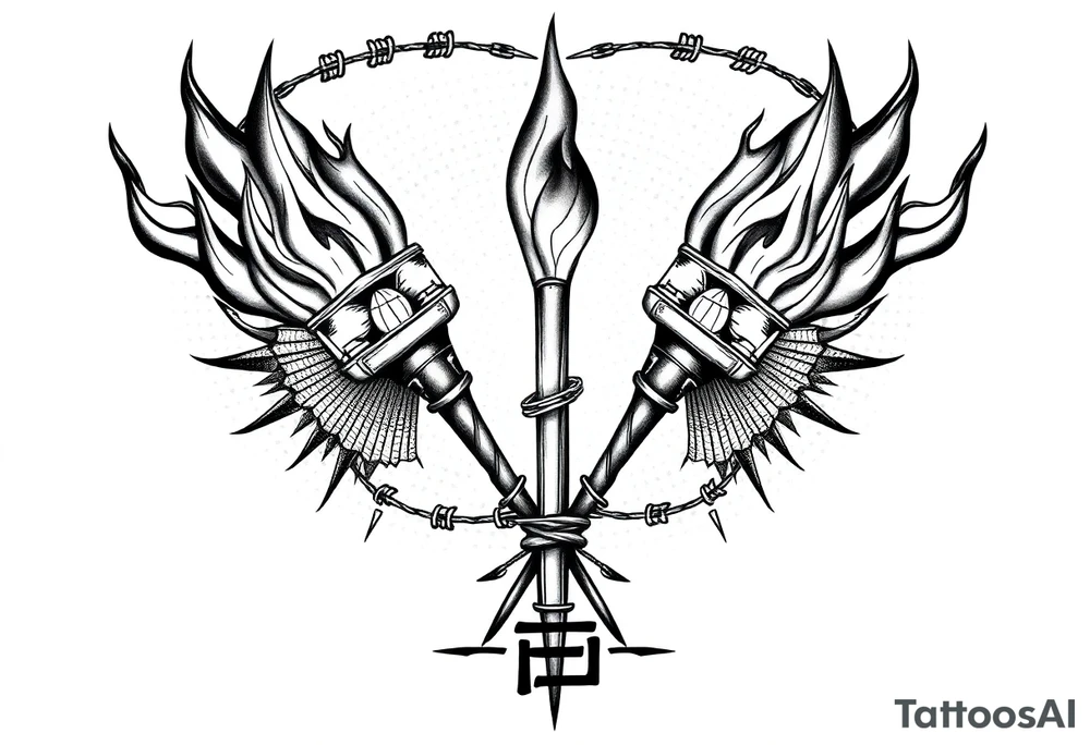 Large blackwork chest and neck tattoo. Two big crossed torches in the center of the chest, tightly wrapped in detailed barbed wire. Intense black flames rise upward from the torches, going high above the neck. The tattoo is massive, fully filled, no empty space. Background filled with dotwork, radial patterns, dark textures similar to the attached reference style. Strong geometric and ornamental filling along the collarbones. At the bottom, large bold letters 'БЛЦС' in a heavy gothic or blocky blackwork font. Entire tattoo done only in black ink, very high detail, dramatic, brutal, symmetrical composition, blackwork / dotwork / engraving style." tattoo idea