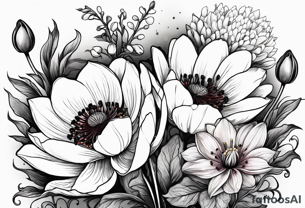 Poppy, water lily, Lily of the valley, flower bouquet, portrait style tattoo idea
