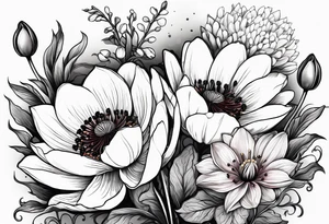 Poppy, water lily, Lily of the valley, flower bouquet, portrait style tattoo idea