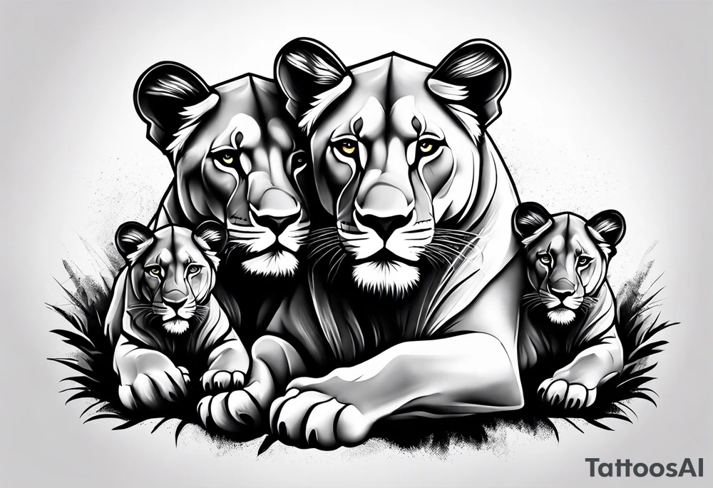 Lioness protecting her two cubs tattoo idea