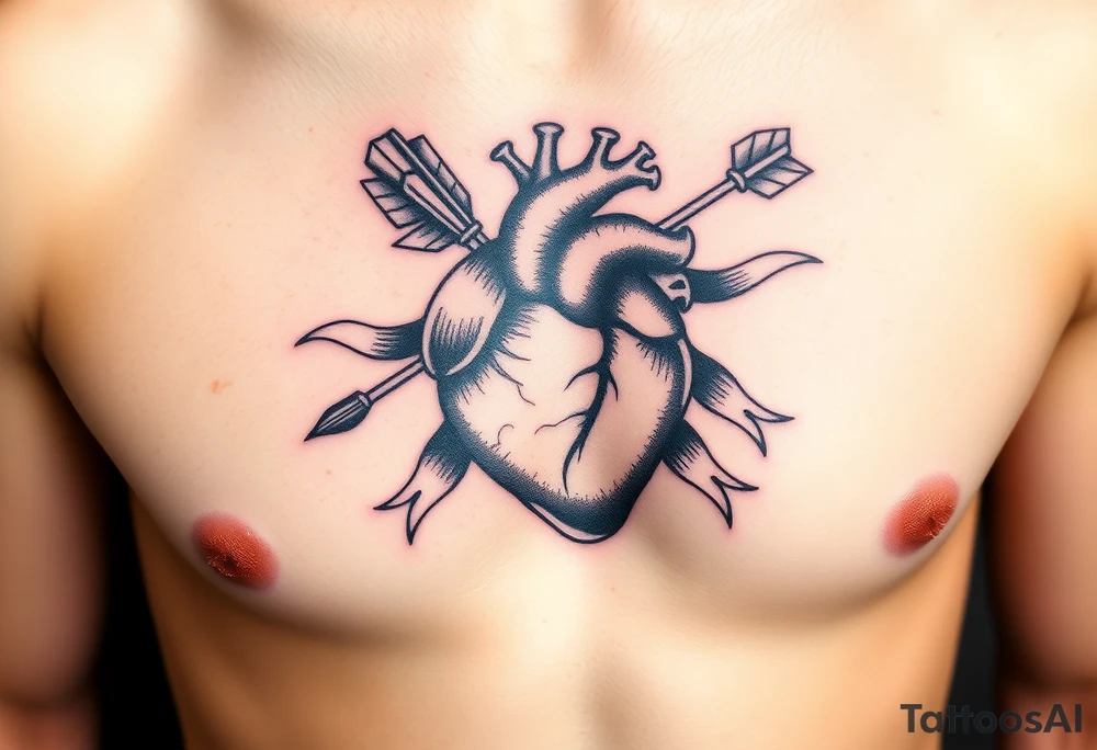 anatomical heart pierced by ornate arrow with flowing ribbons tattoo idea