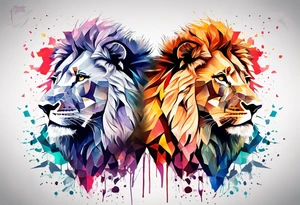 geometric Lion and Lioness Tattoo. Water Colour splash back. Lion on one side, Lioness on the other. Power and love tattoo idea