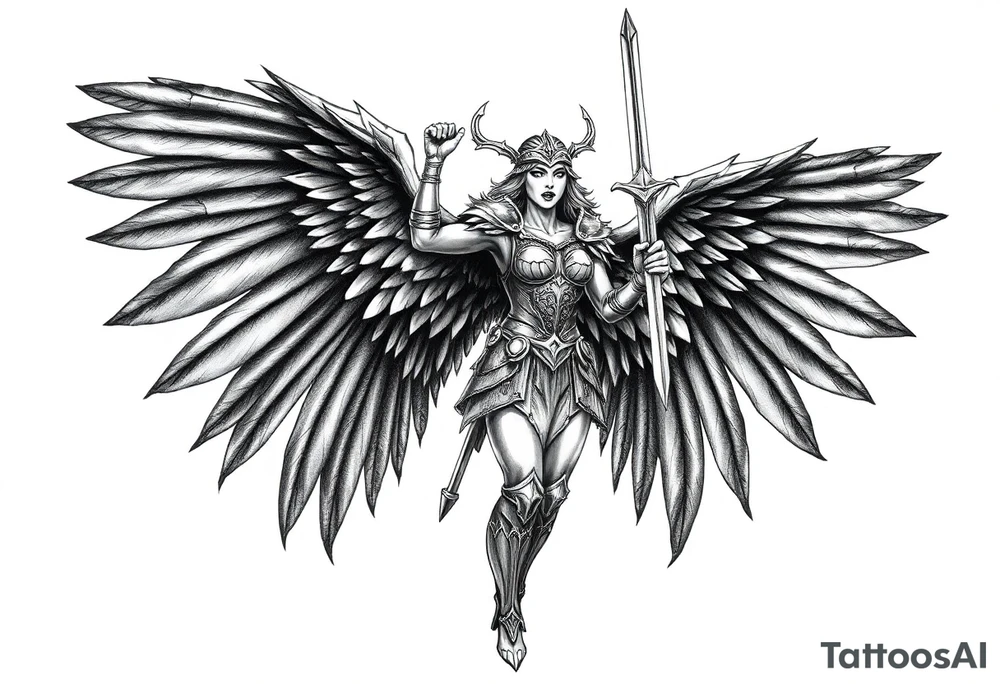 A fierce looking Valkyrie with very big dark wings. The whole body with legs should be visible.
She has armor.
She is standing in a battle ready pose with a sword held high.

She is screaming.

In the background there is a viking shield on the left side and a vegvisir symbol on the right tattoo idea