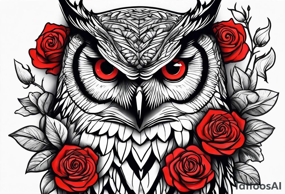 Owl with red roses tattoo idea