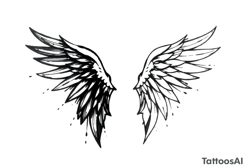 the wings go up

This tattoo design features a pair symmetrical angel wings drawn in black ink with a rough, sketch-like style. The left wing is darker, more defined, and appears denser, while the right wing is lighter, more delicate, and fragmented, creating a contrast between the two. The feathers are sharp and irregular, with fine lines and stray strokes extending outward, adding a raw and artistic feel. The overall look is dynamic and slightly chaotic, giving the impression of movement or an unfinished, ethereal form. This design symbolizes duality, freedom, transformation, or even struggle, making it a meaningful and visually striking tattoo. tattoo idea