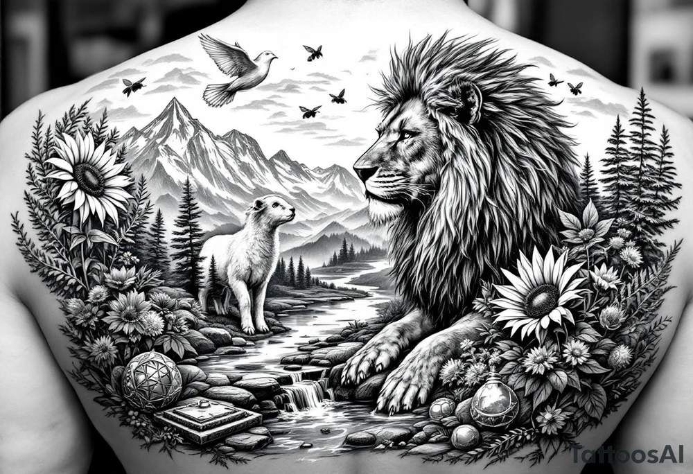 In beautiful  mountain scene with streams and lakes a majestic lion interacts and protects a dove, a lamb,  a sunflower, a harp, a golden nugget, an ancient hammer, a crown, and honeybees.  Everything works together synergistically and gives an uplifting hopeful vibe tattoo idea