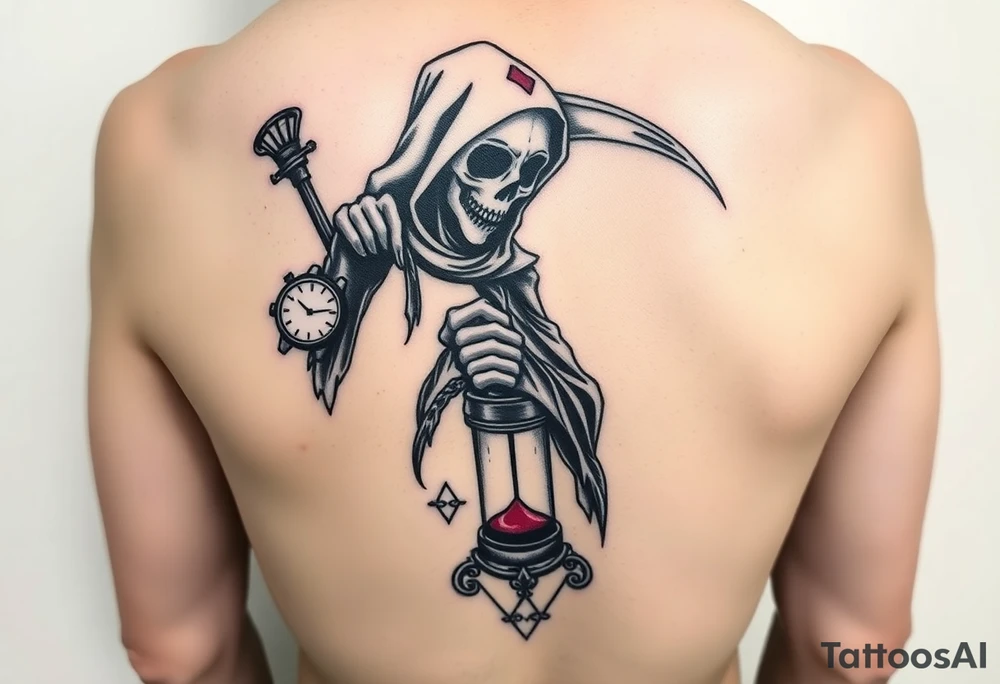 Simple grim reaper looking at a watch on his wrist with a hourglass with red sand and diamond geometric shapes for the thigh tattoo idea