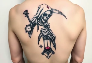 Simple grim reaper looking at a watch on his wrist with a hourglass with red sand and diamond geometric shapes for the thigh tattoo idea