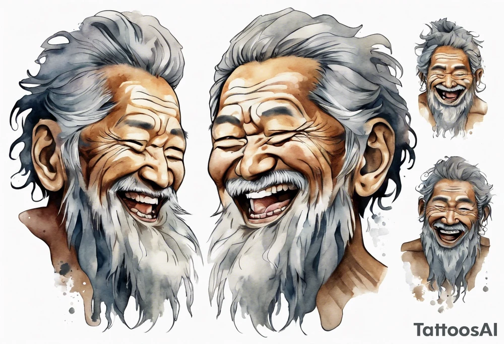 a solitary Cree man with a grey beard laughing tattoo idea