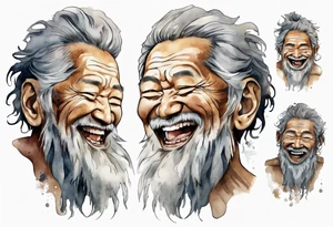 a solitary Cree man with a grey beard laughing tattoo idea