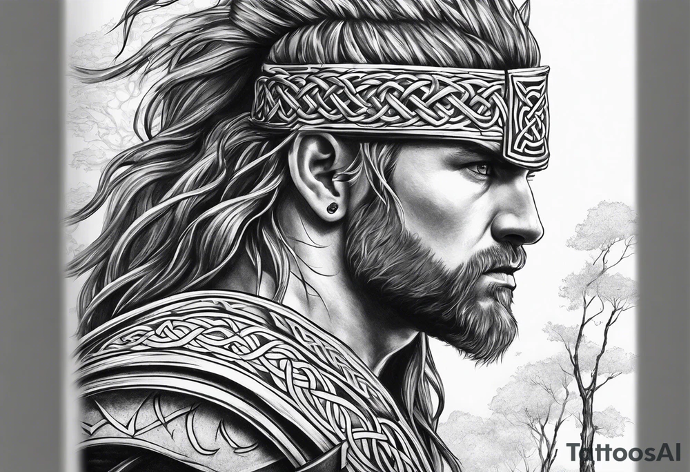 Celtic warrior facing left with trees I'm background tattoo idea Celtic warrior facing left with trees I'm background tattoo idea